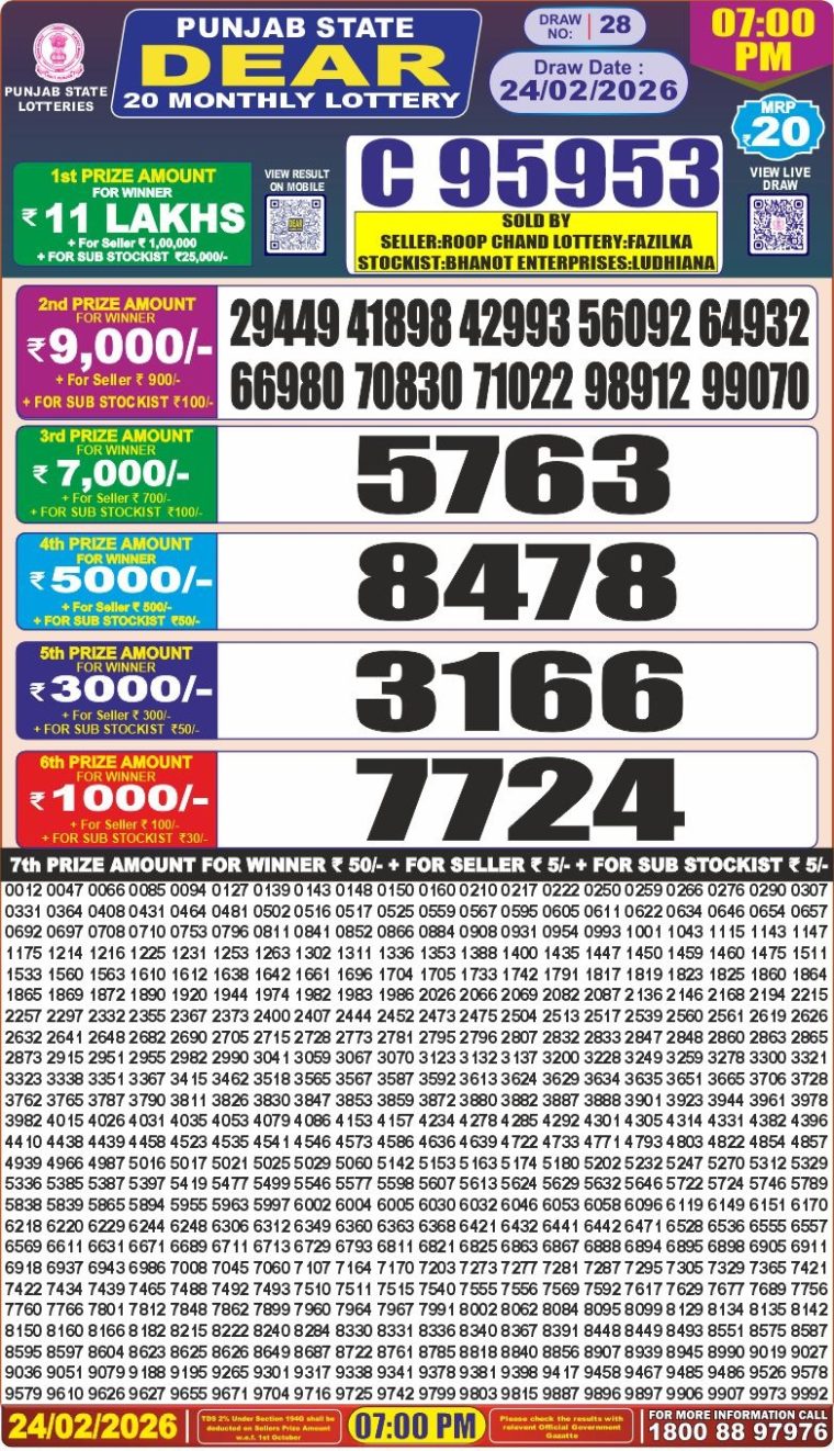Punjab State Dear 20 Monthly Lottery Result 24-02-2026