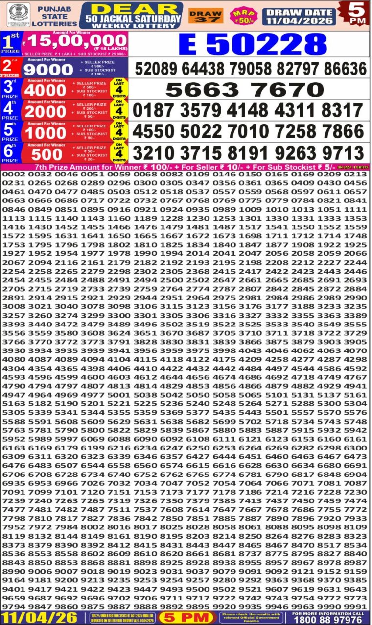 Punjab State Dear 50 Jackal Saturday Weekly Lottery Result 5pm 11-04-2026 Declared