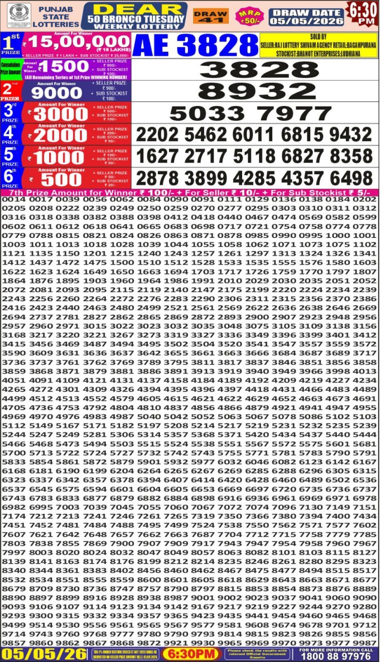 Punjab State Dear 50 Bronco Tuesday Weekly Lottery Result 6:30pm 05-05-2026 Declared