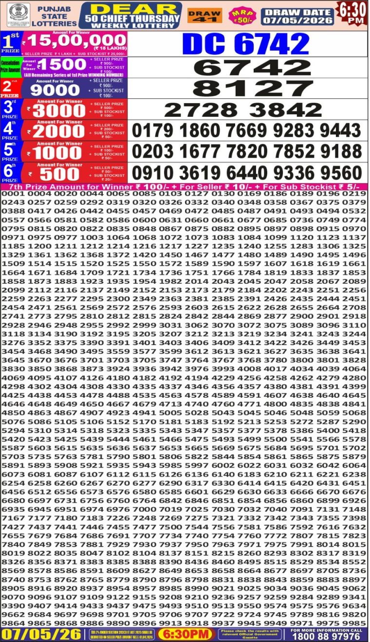 Punjab State Dear 50 Chief Thursday Weekly Lottery Result 6:30pm 07-05-2026 Declared