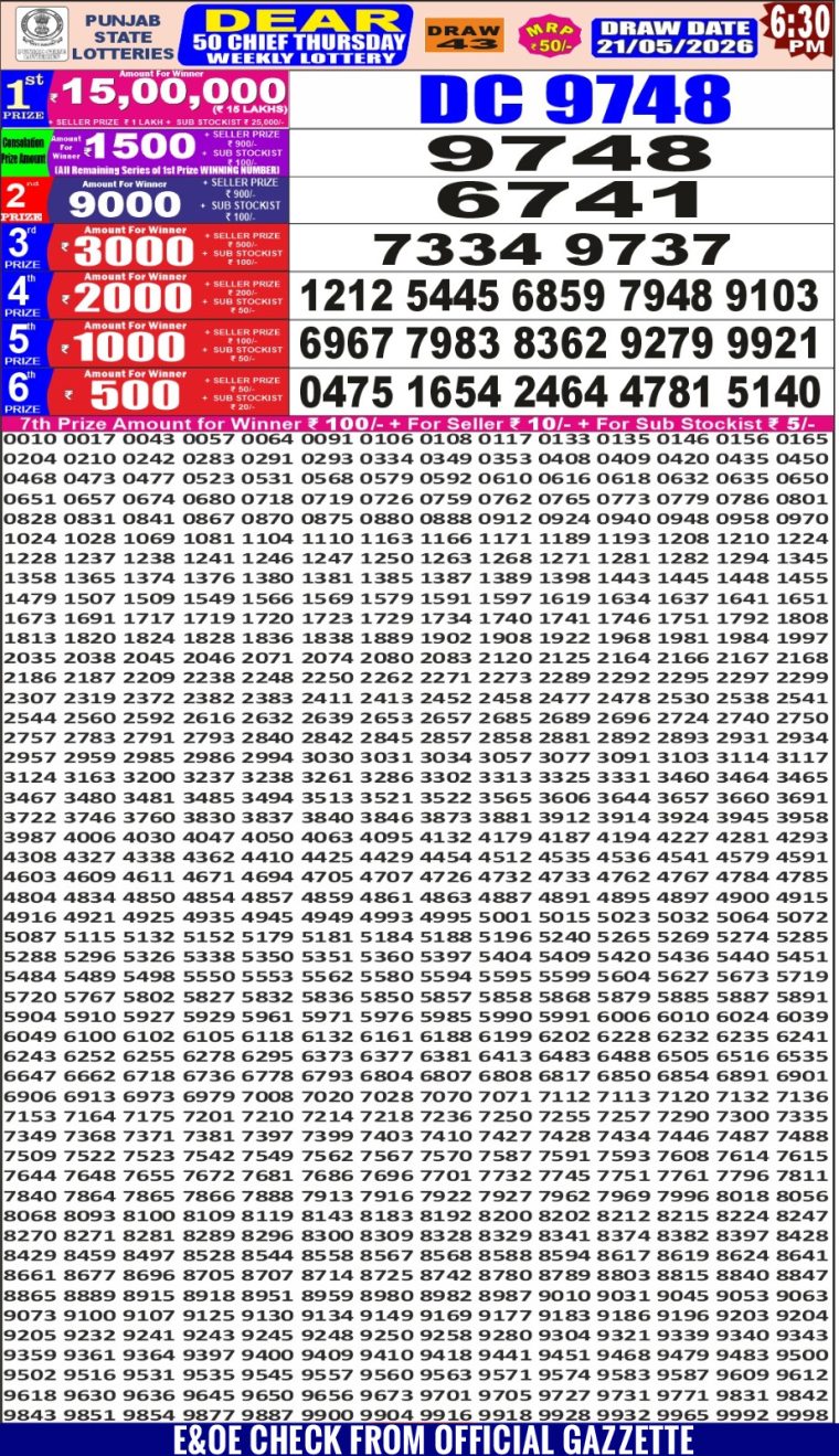 Punjab State Dear 50 Chief Thursday Weekly Lottery Result 6:30pm 21-05-2026 Declared
