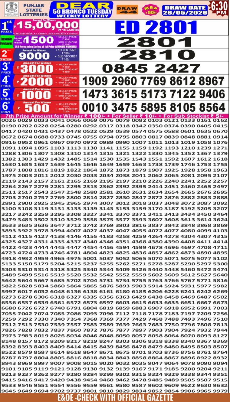 Punjab State Dear 50 Bronco Tuesday Weekly Lottery Result 6:30pm 26-05-2026 Declared