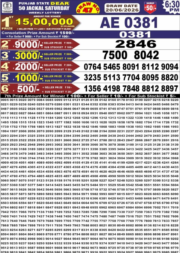 Punjab State Dear 50 Jackal Saturday Weekly Lottery Result 6:30pm 20-06-2026 Declared