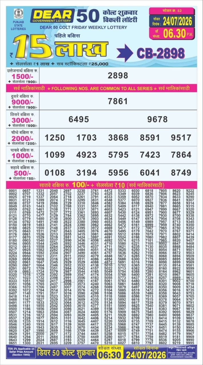 Punjab State Dear 50 Colt Friday Weekly Lottery Result 6:30pm 24-07-2026 Declared